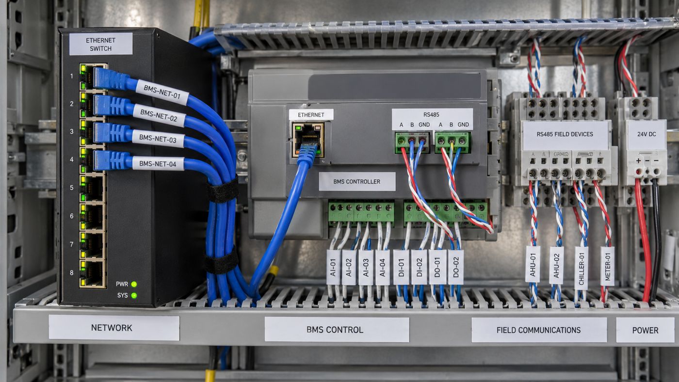 Inside a BMS control panel with controller, I/O modules and numbered terminals
